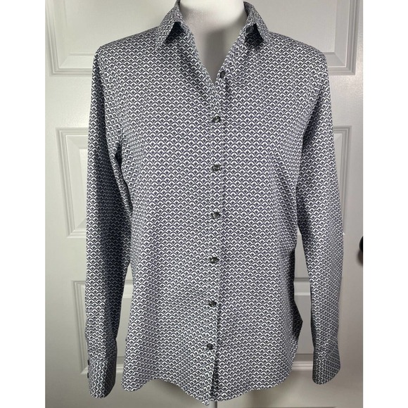 Lands End No Iron Supima Blue White Woman’s 12 Long Sleeve Blouse Button Up - Picture 1 of 6